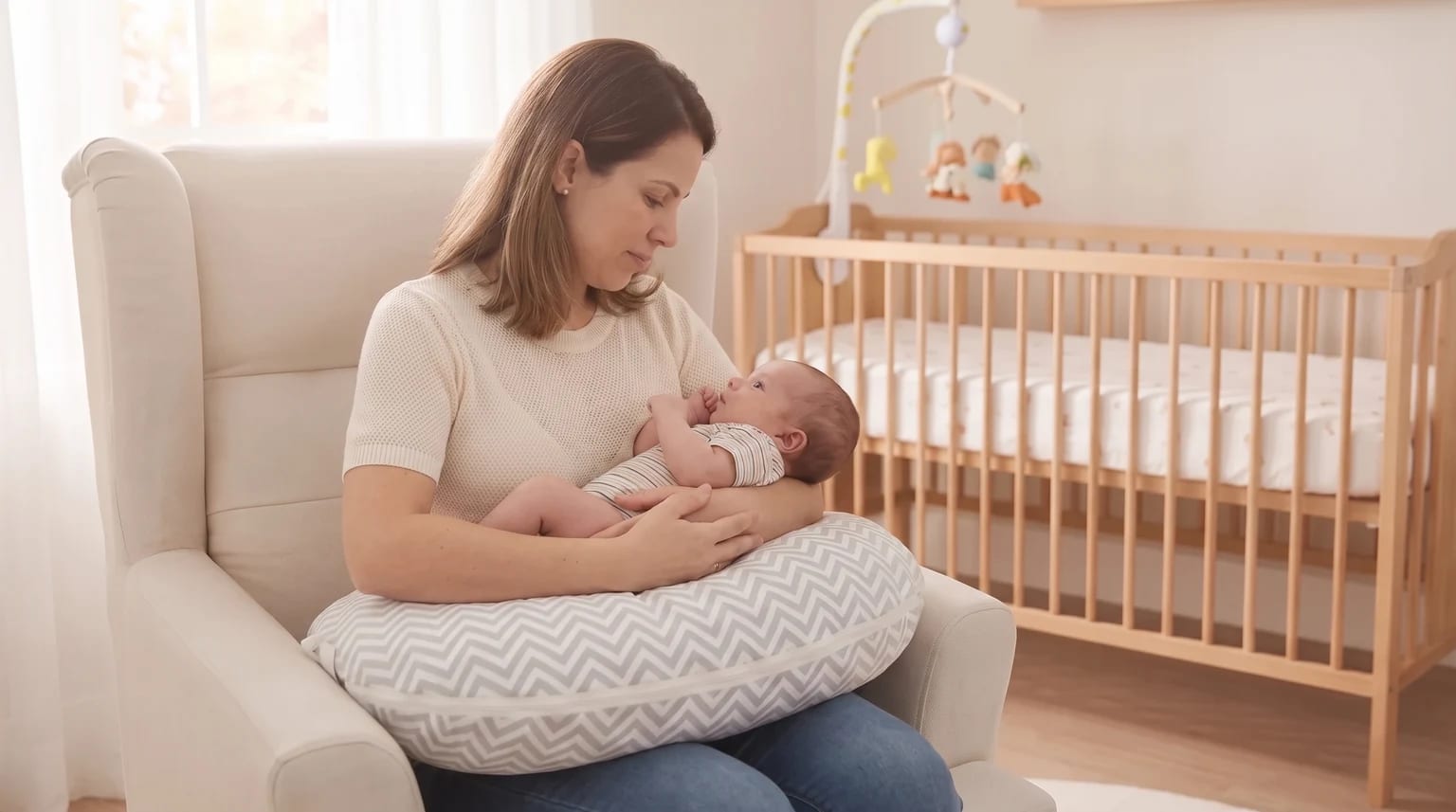 Mãe segura um bebê acordado no colo, com os braços apoiados em uma almofada de amamentação chevron cinza.
