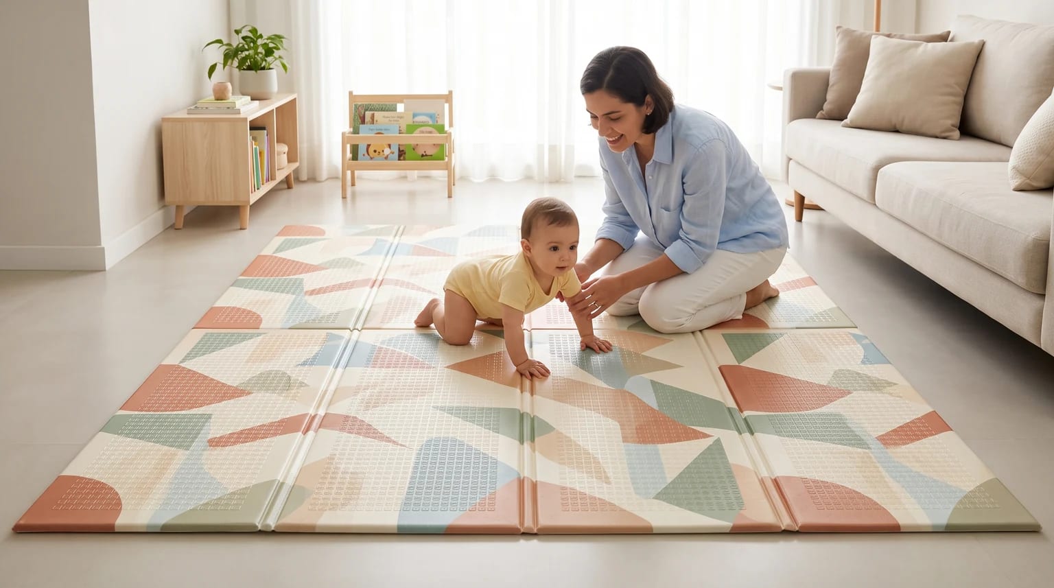 Uma mulher observa de perto um bebê engatinhando sobre um tapete infantil dobrável grande e estampado.