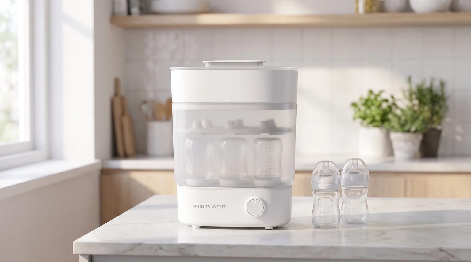 Esterilizador elétrico Philips Avent sobre uma bancada de cozinha, com mamadeiras visíveis no seu interior e duas ao lado.