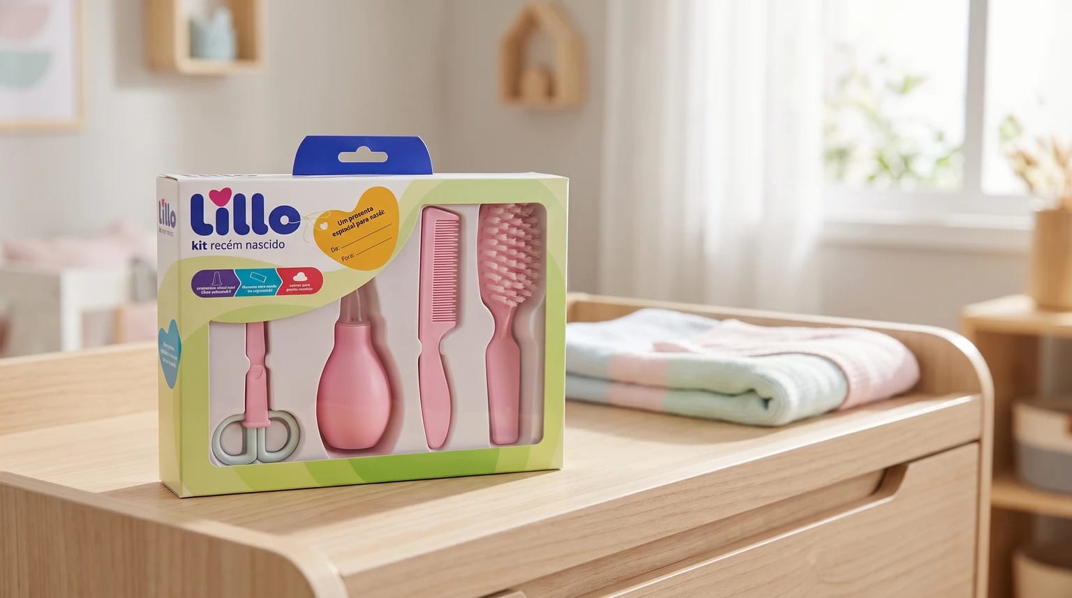 Kit de cuidados para recém-nascido da Lillo, na cor rosa, sobre um trocador de madeira em um quarto de bebê.