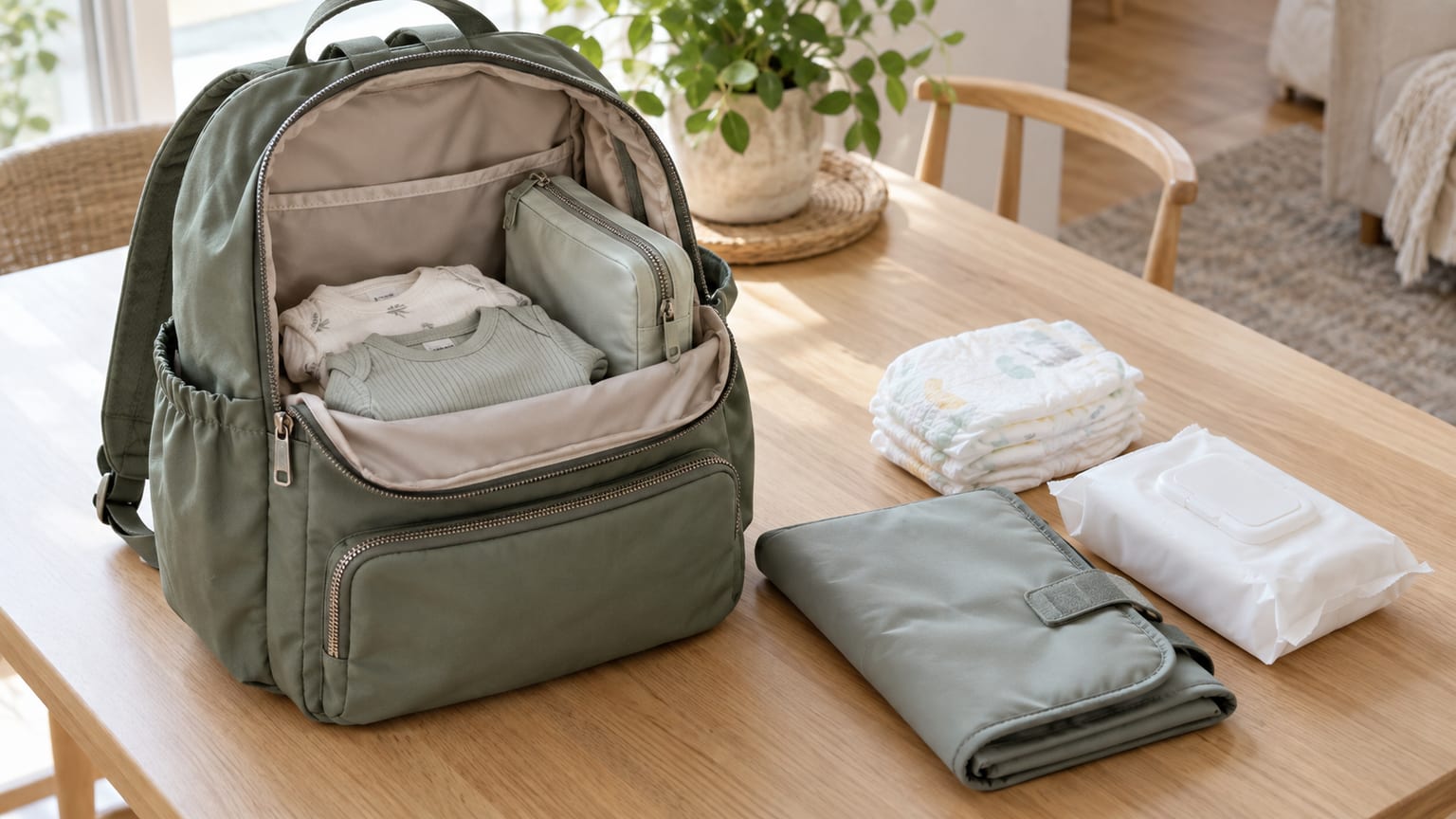 Mochila aberta com roupas de bebê e nécessaire, ao lado de fraldas, lenços e trocador dobrado.