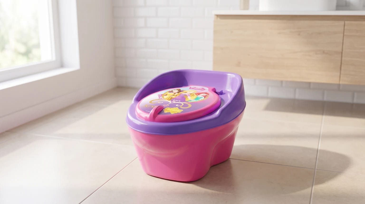 Troninho rosa e roxo com estampa das Princesas Disney na tampa, no chão de um banheiro bem iluminado.