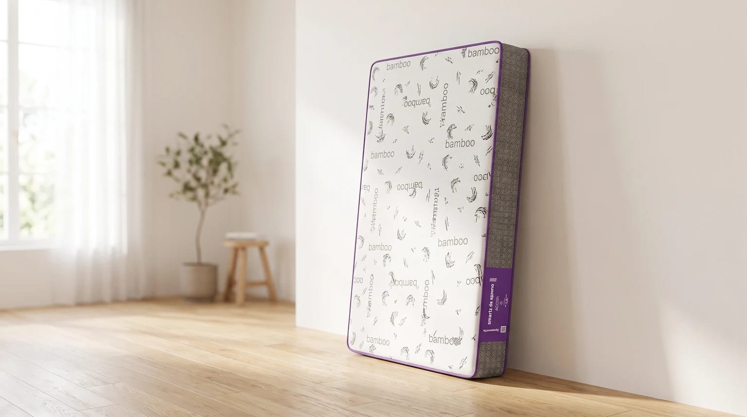 Colchão de berço com a palavra “bamboo” estampada e acabamento roxo, apoiado na vertical contra uma parede em um quarto com piso de madeira.