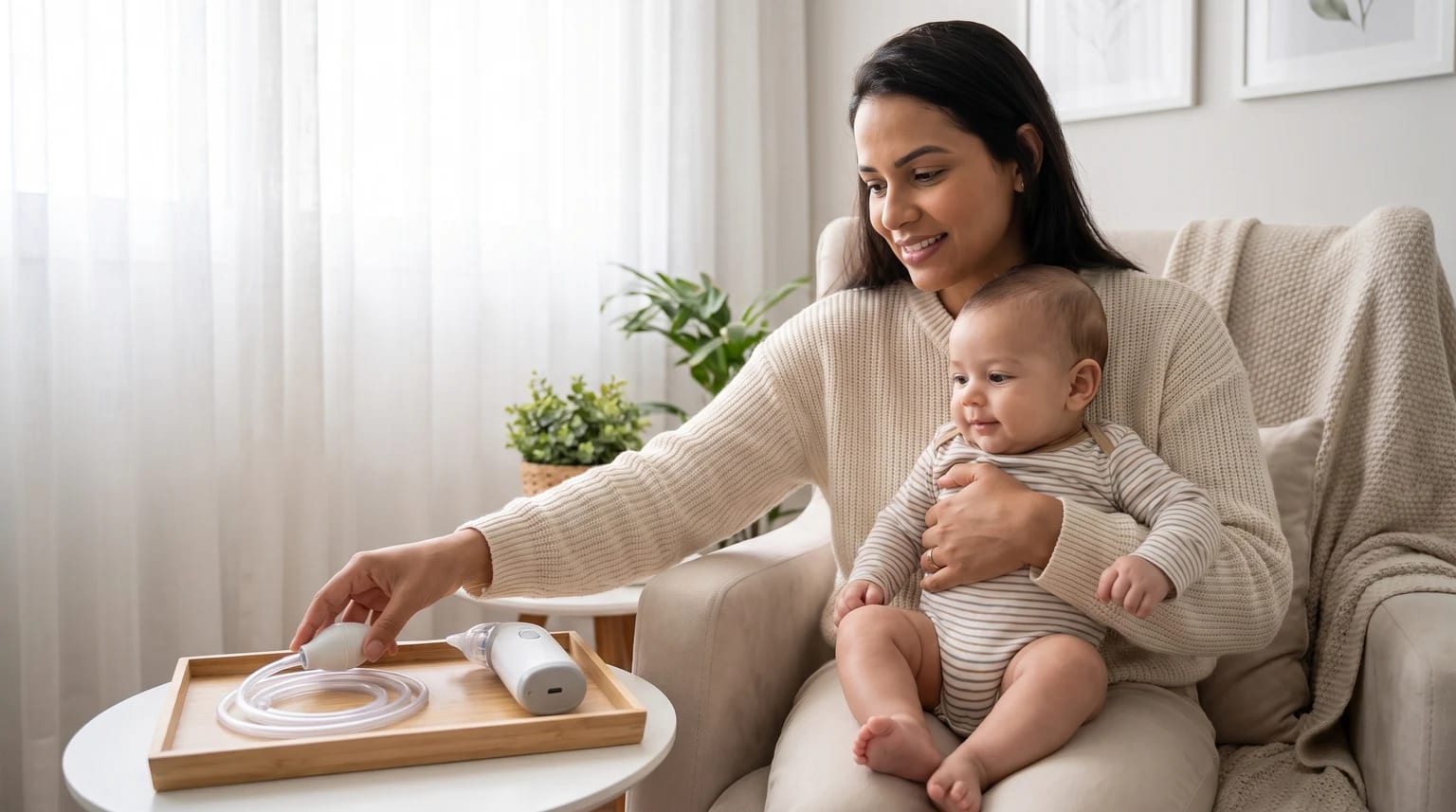 Uma mulher segura um bebê no colo e estende a mão até uma bandeja com um aspirador nasal manual e outro elétrico.