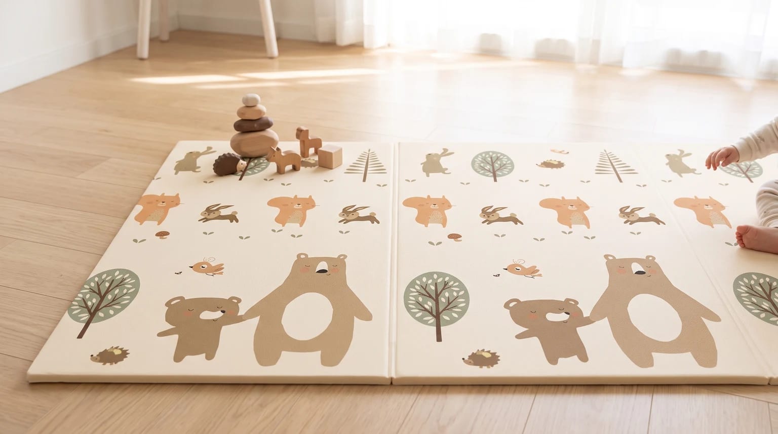Tapete infantil dobrável com estampa de ursos e animais da floresta, brinquedos de madeira e um bebê brincando em uma das laterais.