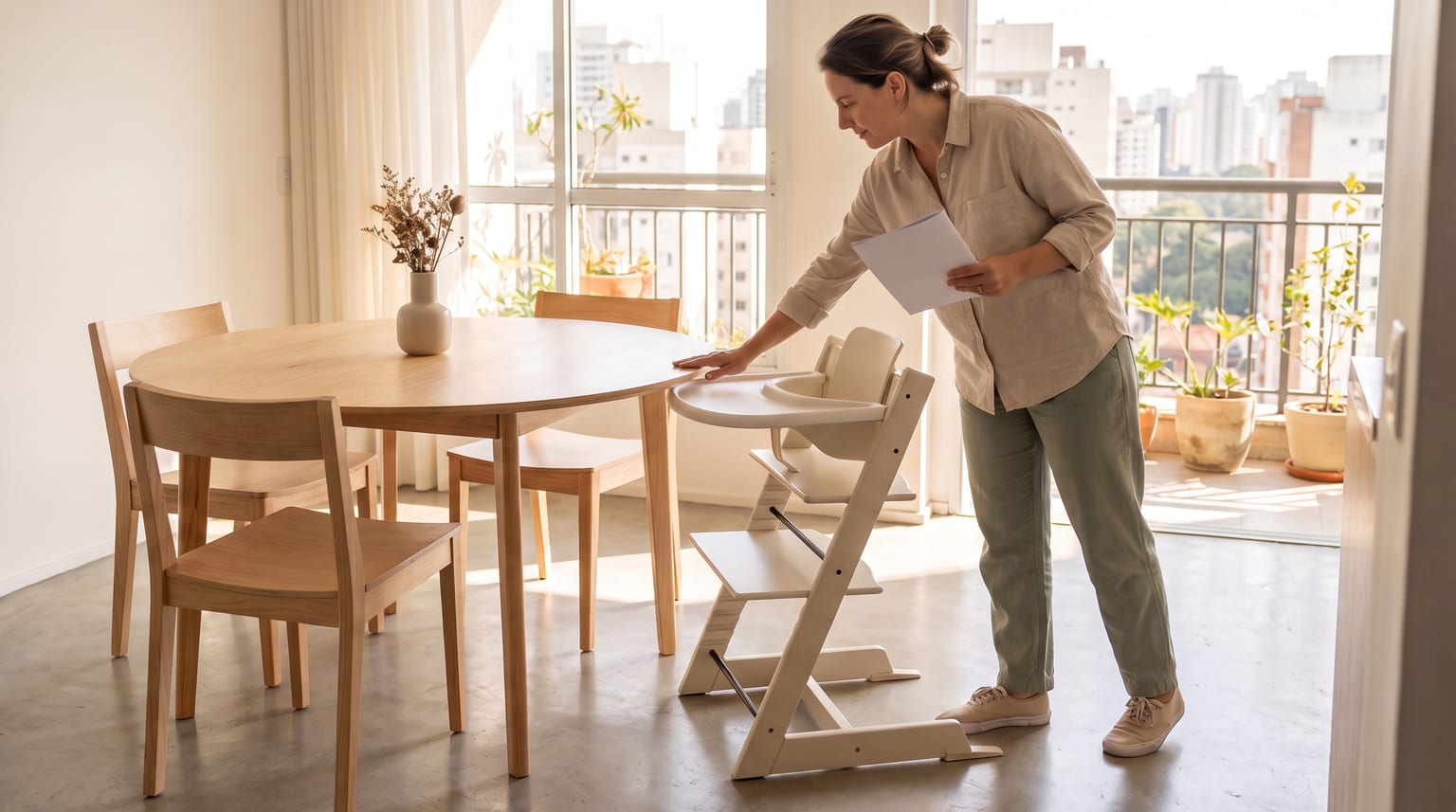 Uma mulher avalia uma cadeira de alimentação para bebê ao lado de uma mesa de jantar em uma sala iluminada.