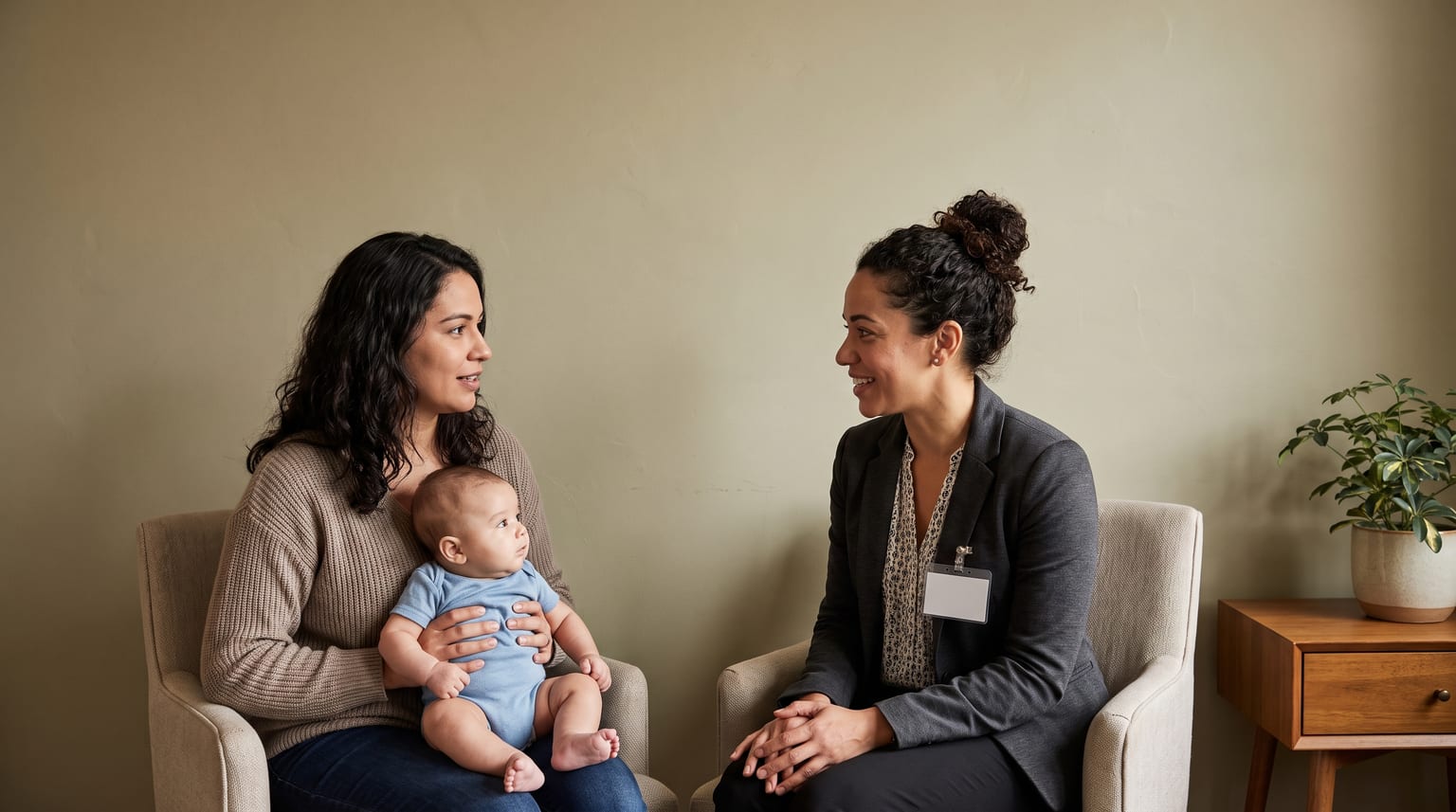 Diante de uma parede lisa, mãe com o bebê acordado no colo conversa com uma pediatra.