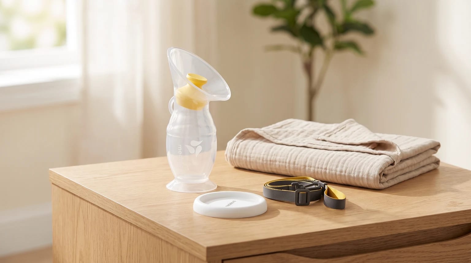 Coletor de silicone Medela com tampa externa e cordão sobre uma cômoda de madeira, ao lado de um pano bege dobrado.