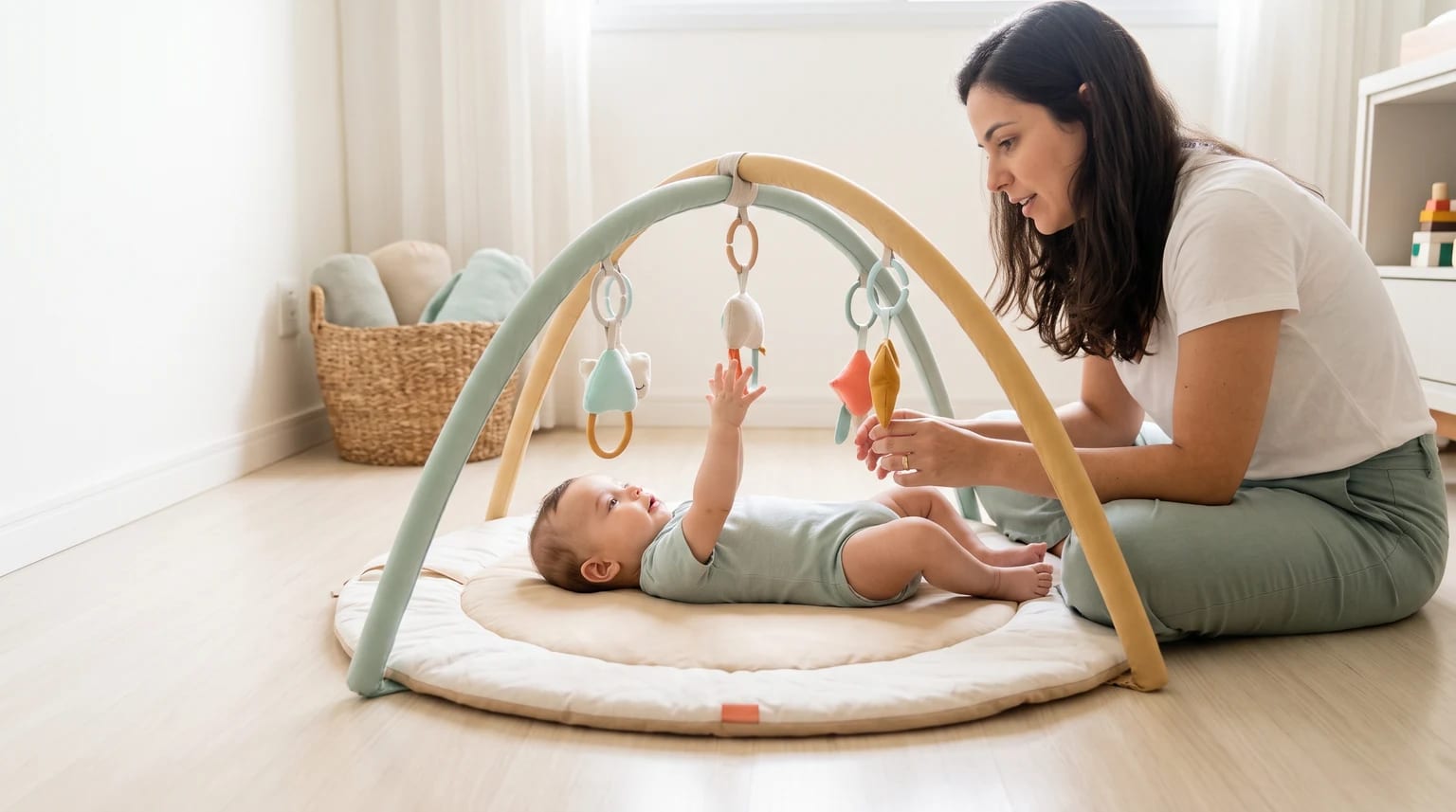 Uma mãe acompanha o bebê deitado em um tapete de atividades em uma sala clara. O bebê estende a mão para um brinquedo pendente no arco.