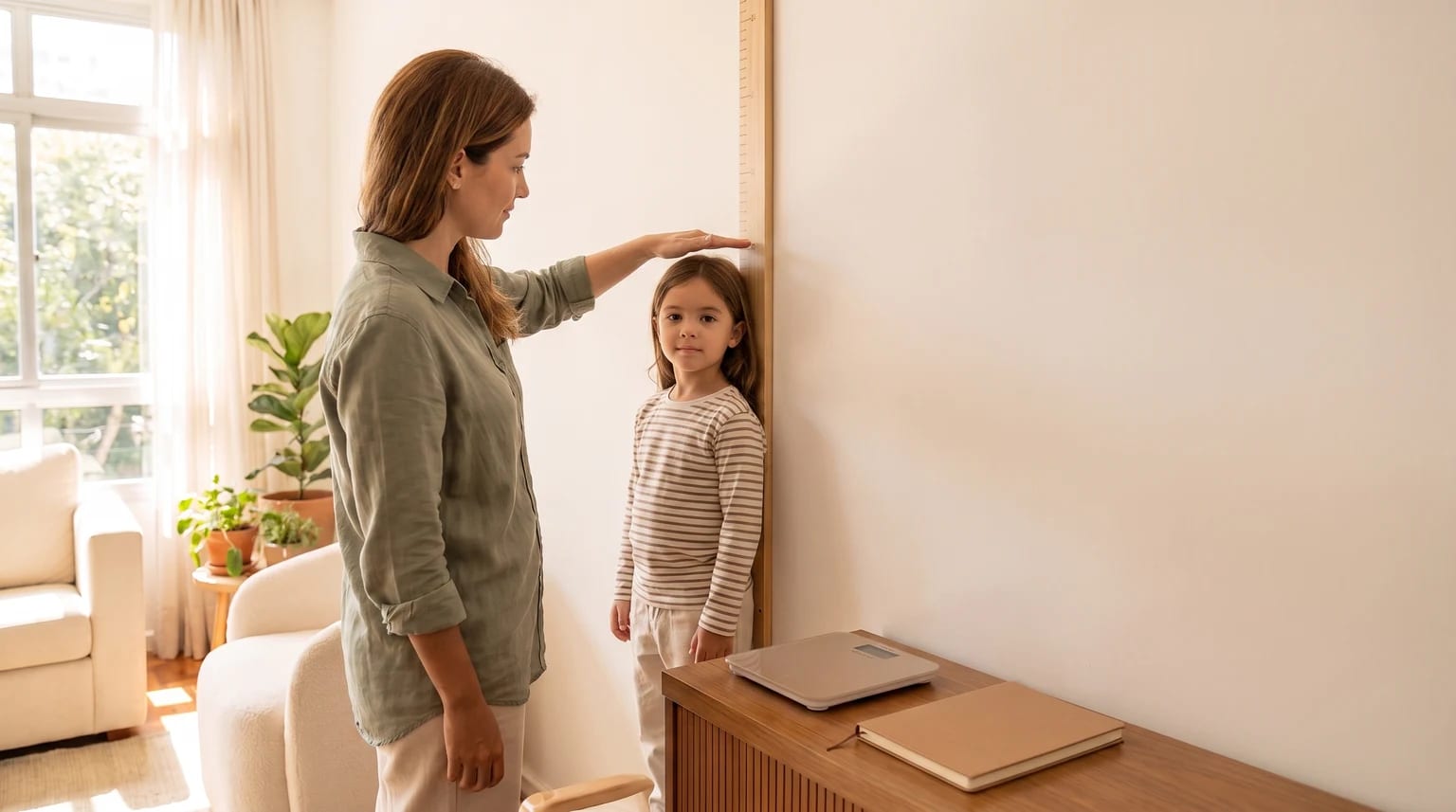 Uma mãe mede a altura da filha com a mão sobre a cabeça, diante de uma régua de madeira fixada na parede.