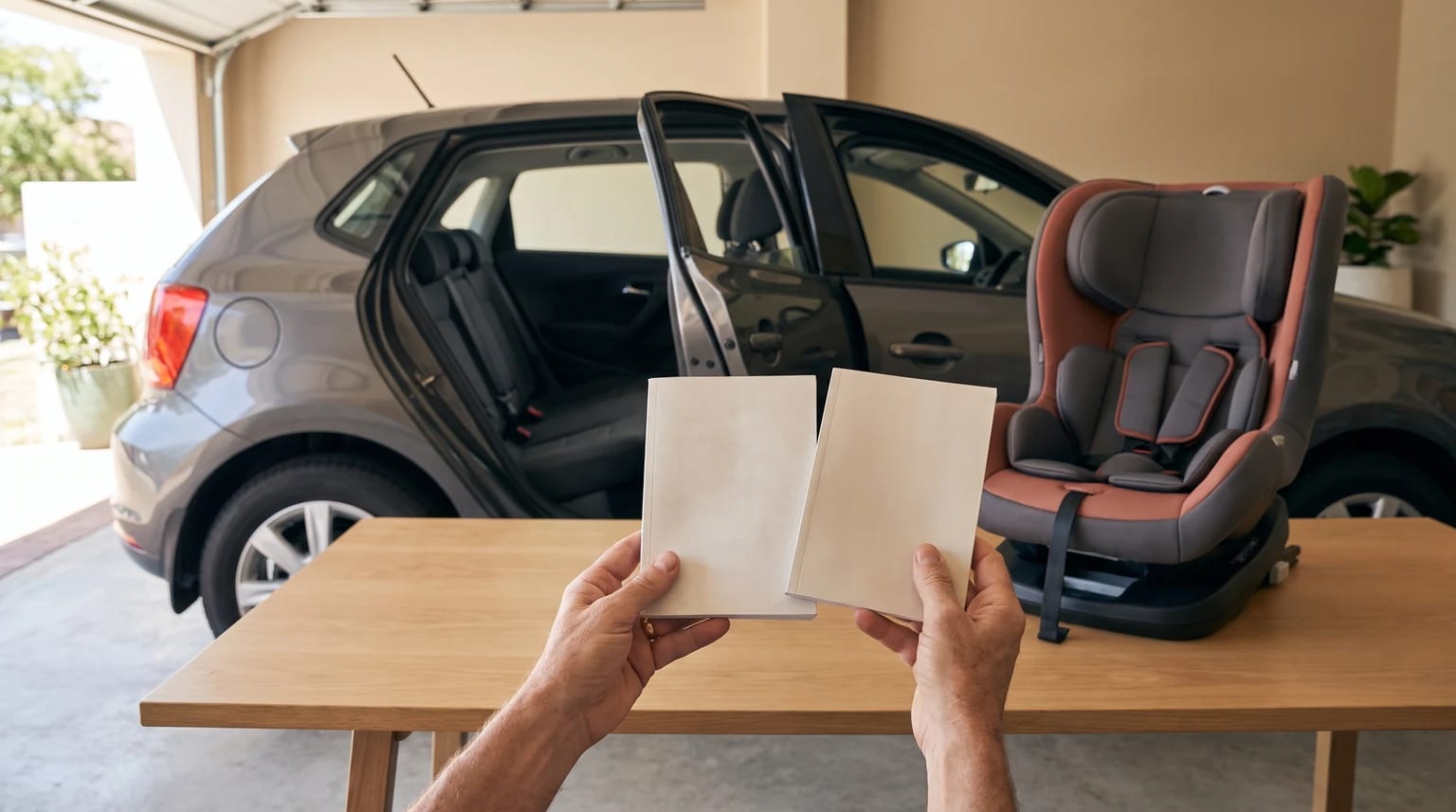 Mãos seguram dois manuais em frente a uma cadeirinha vazia, com a porta traseira de um carro aberta ao fundo.