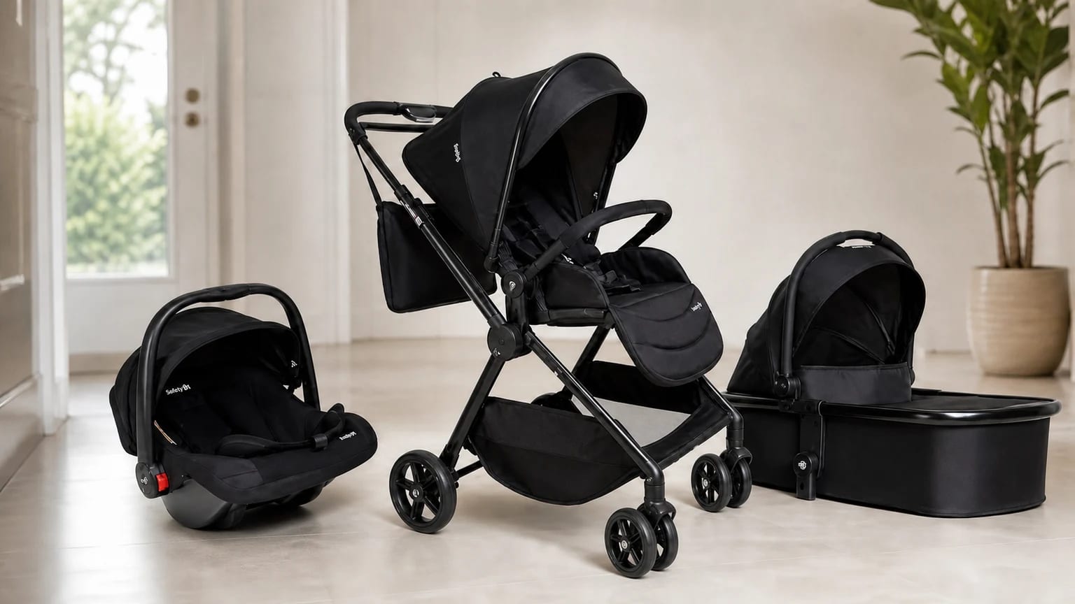 Carrinho Safety 1st Magnific preto com bebê-conforto e moisés separados ao lado, apoiados no piso de uma sala clara.