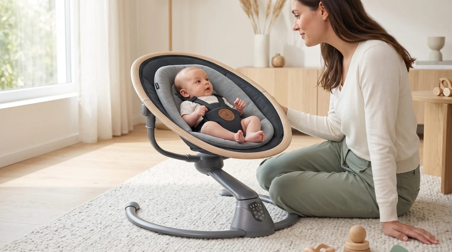 Bebê acordado na cadeira de balanço automática Maxi-Cosi Cassia, com o cinto ajustado, enquanto a mãe permanece ao lado.