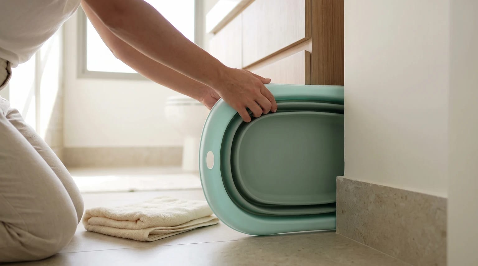 Uma pessoa ajoelhada no chão de um banheiro guarda uma banheira de bebê dobrável verde-clara ao lado de um armário.