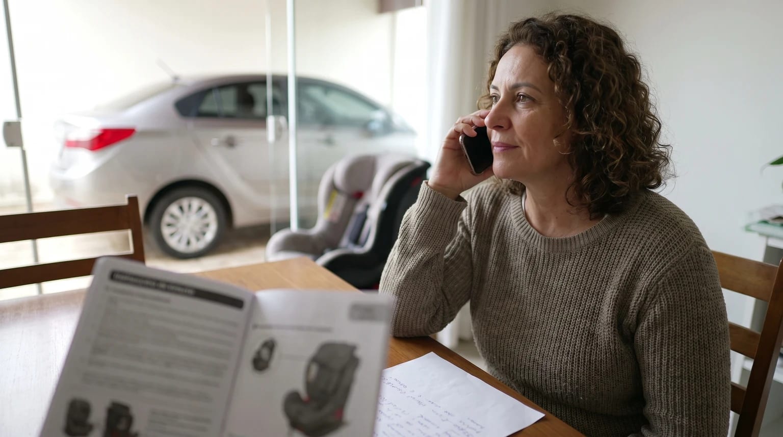 Cuidadora fala ao telefone com um manual de cadeirinha aberto à frente e um carro estacionado ao fundo.