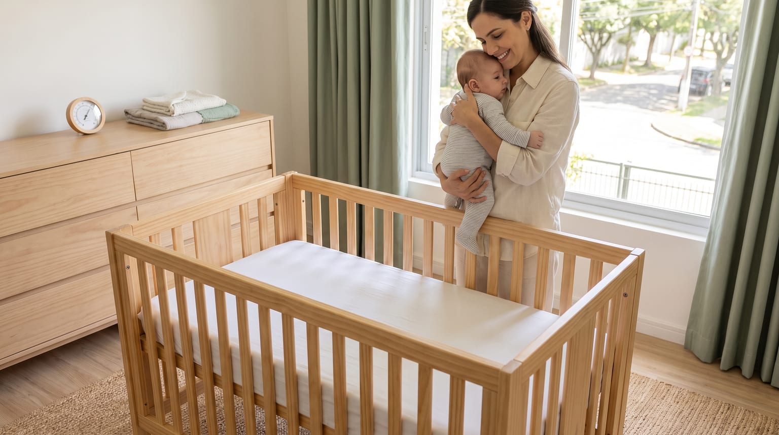 Uma pessoa segura um bebê acordado em um quarto claro, ao lado de um berço convencional de madeira e de um termômetro de ambiente sem leitura visível.