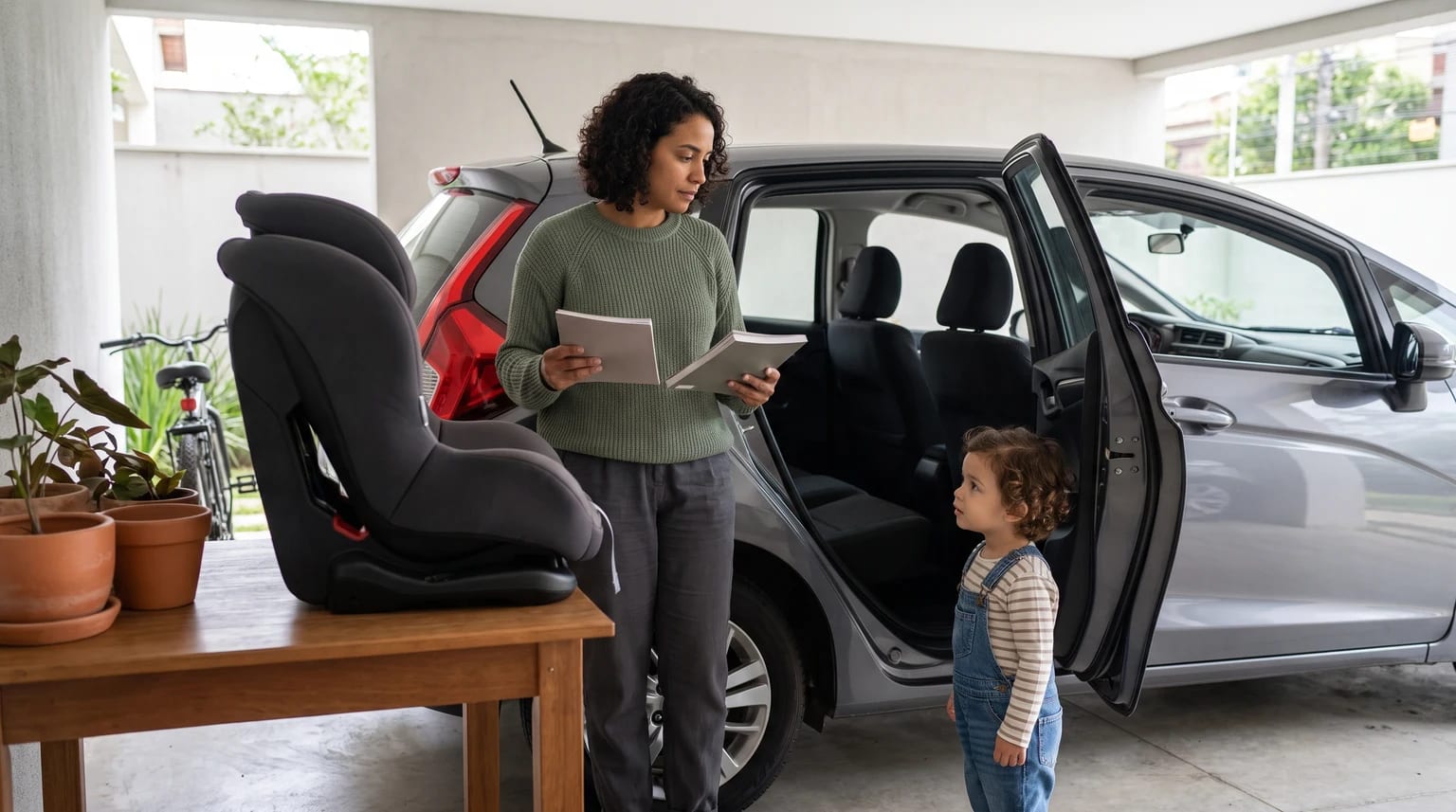 Em uma garagem, uma mulher consulta dois manuais ao lado de uma cadeirinha vazia e de um carro, enquanto uma criança observa.