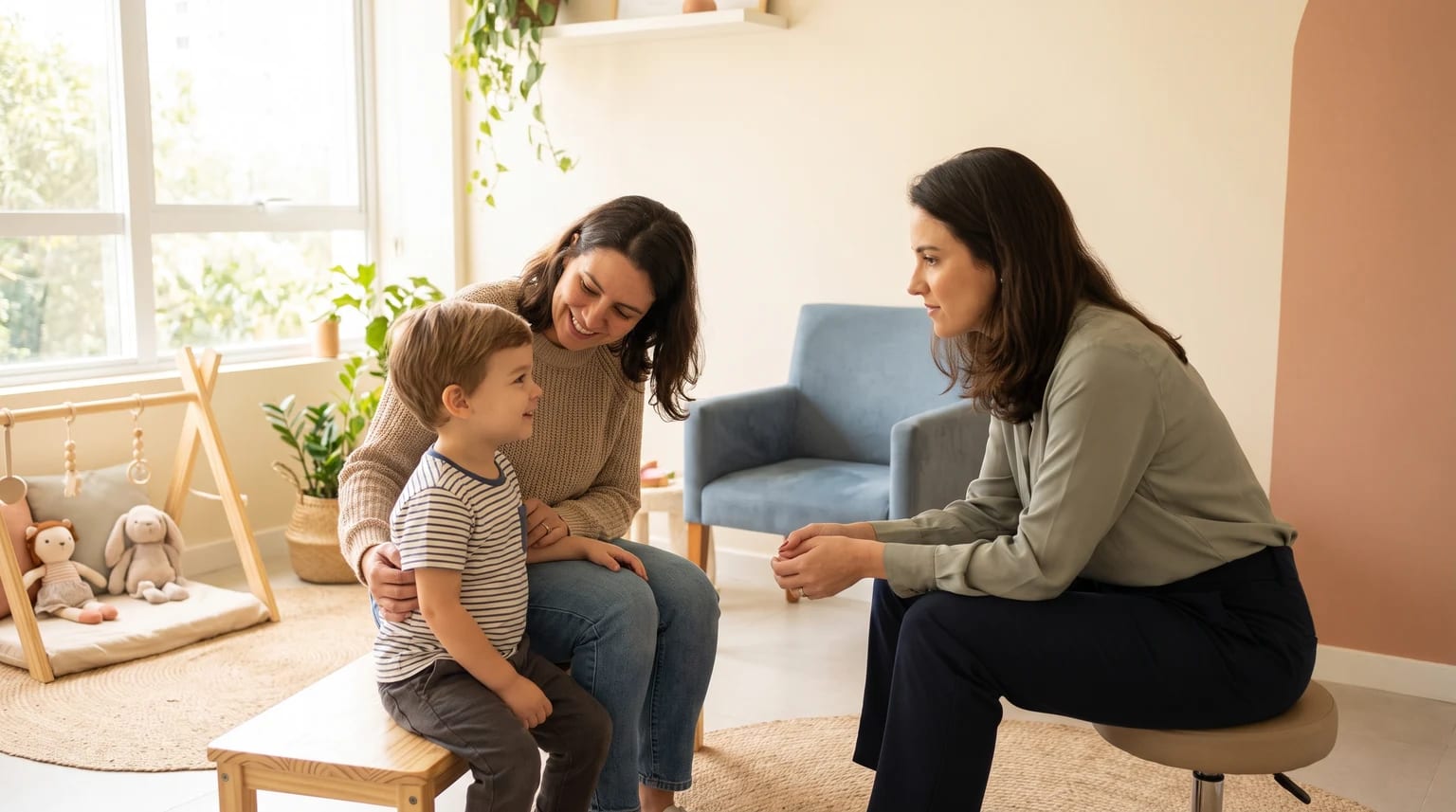 Uma mulher e uma criança pequena conversam com uma odontopediatra em um consultório acolhedor.