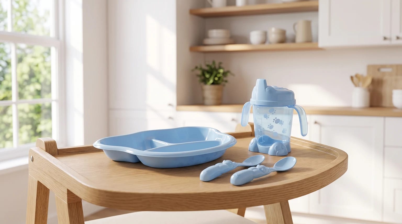Kit Adoleta Bebê azul-claro, com prato, copo e duas colheres, sobre a bandeja de madeira de uma cadeira de alimentação.
