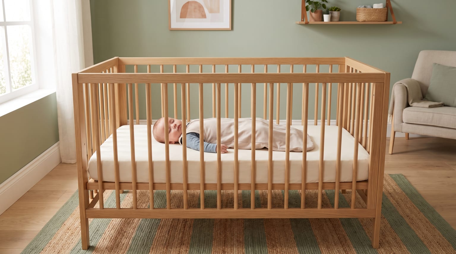 Bebê dorme de barriga para cima, com os braços livres e usando um saco de dormir, em um berço de madeira com as quatro laterais elevadas.