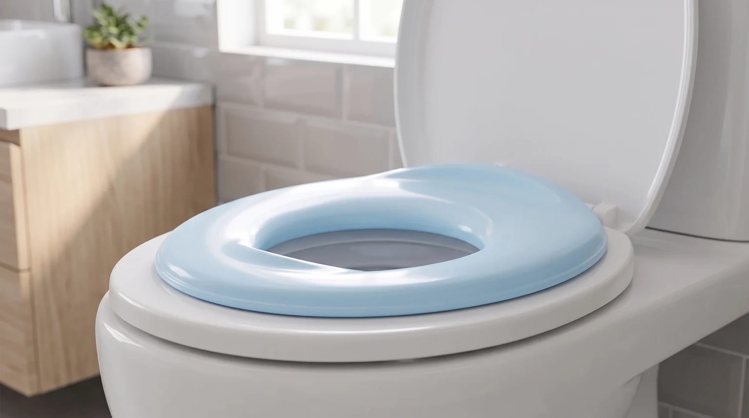 Redutor de assento azul-claro instalado sobre um vaso branco em um banheiro claro.
