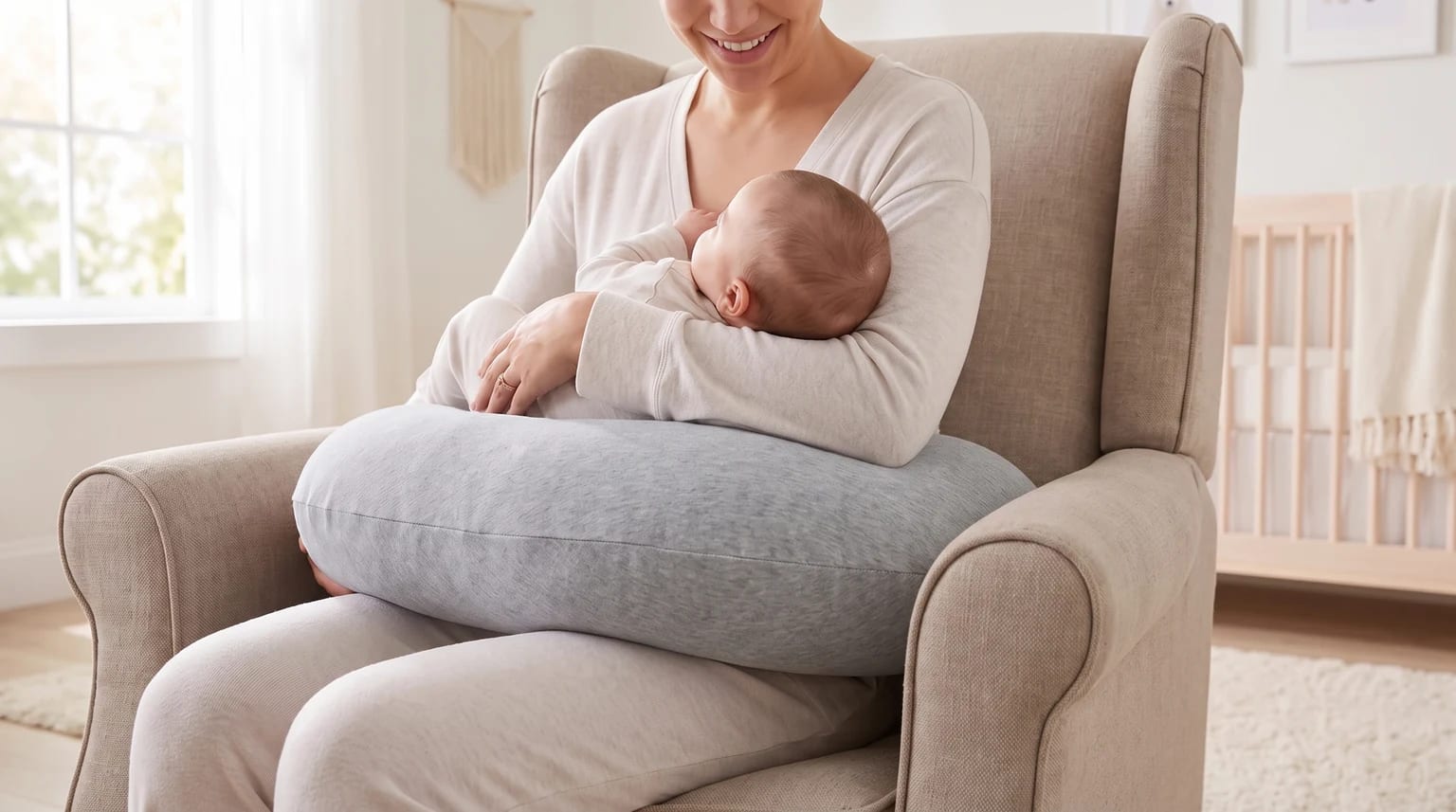 Mãe amamenta um bebê em uma poltrona acolchoada, com os braços apoiados em uma almofada de amamentação cinza.