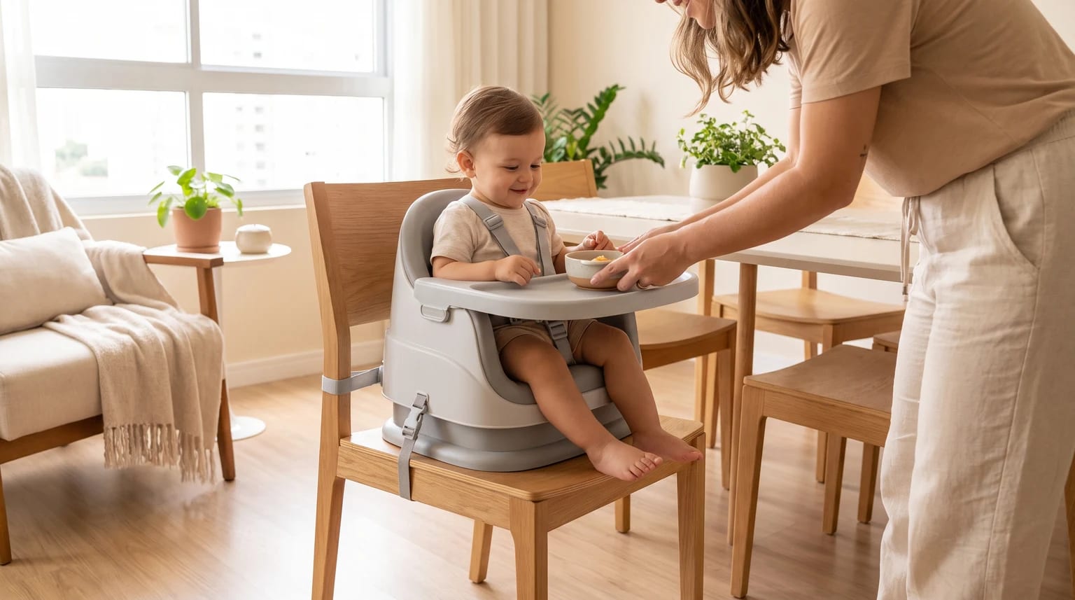 Criança com cinto em uma cadeirinha de alimentação portátil presa a uma cadeira de adulto, com um cuidador ao lado.