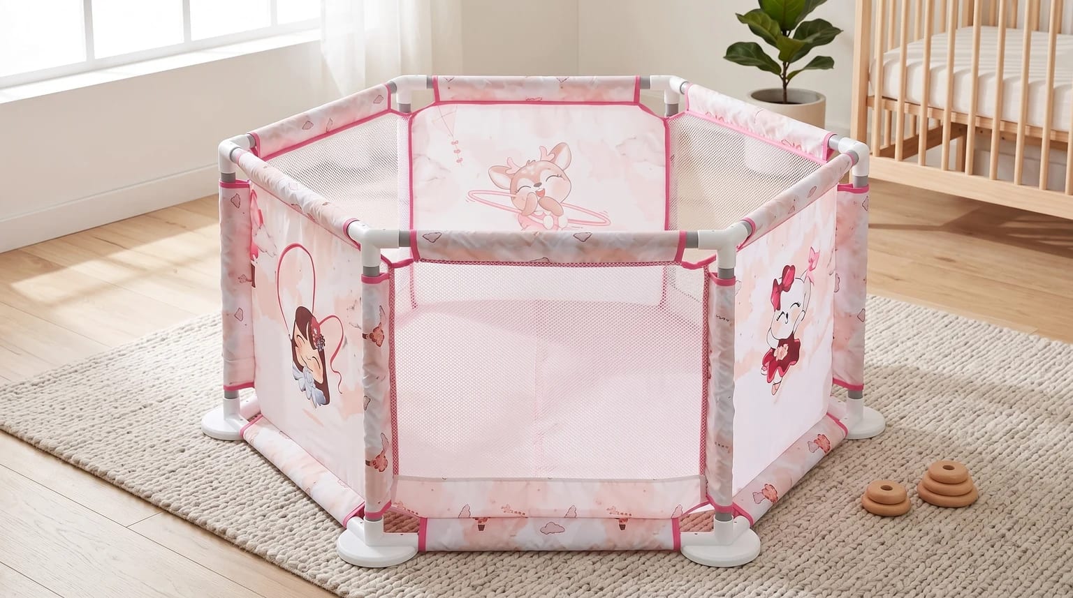 Cercadinho rosa e branco de seis lados, com laterais de tela e painéis com desenhos de animais, sobre um tapete em um quarto de bebê.