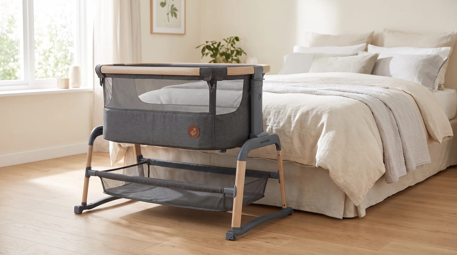Berço Maxi-Cosi Iora Air cinza com detalhes amadeirados e cesto inferior, ao lado de uma cama.
