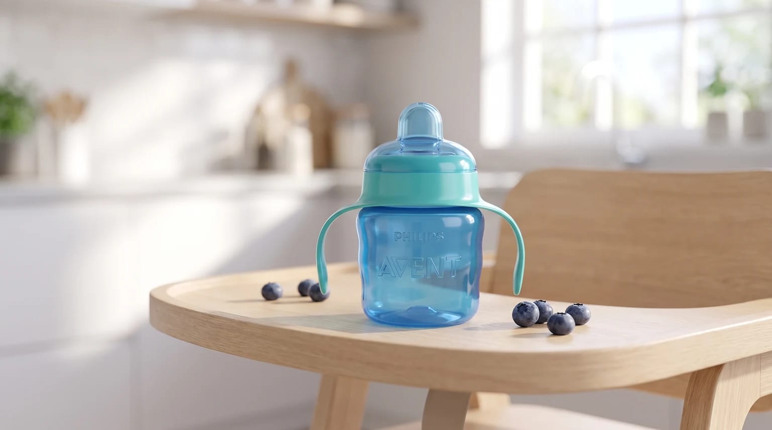 Copo Philips Avent Easy Sip azul com alças turquesa sobre uma bandeja de madeira, com mirtilos ao lado.