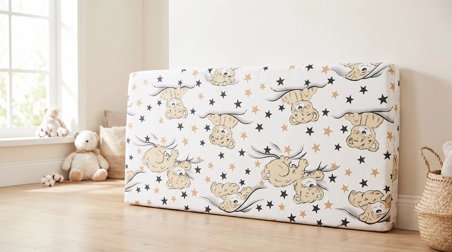 Colchão de berço em pé contra a parede de um quarto, com uma capa estampada de ursinhos sonolentos e estrelas.