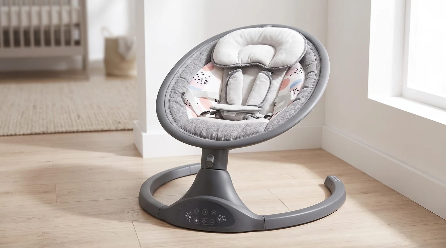 Cadeira de balanço automática Clingo Joyful cinza com almofada estampada, em uma sala clara com piso de madeira.