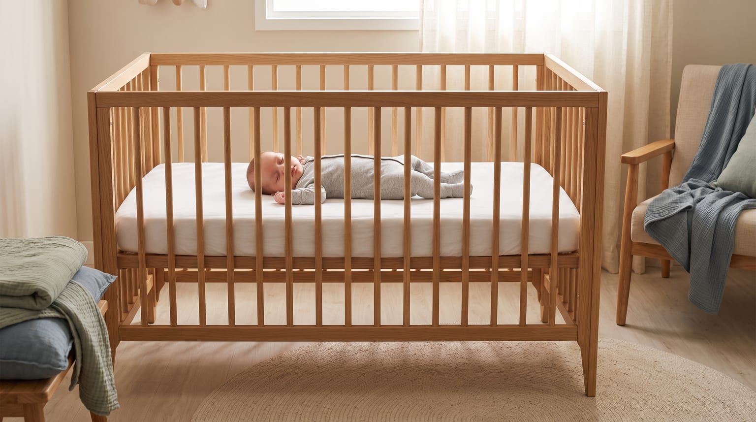 Bebê dorme de barriga para cima em um berço de madeira completo, sobre um colchão firme, plano e livre de objetos.