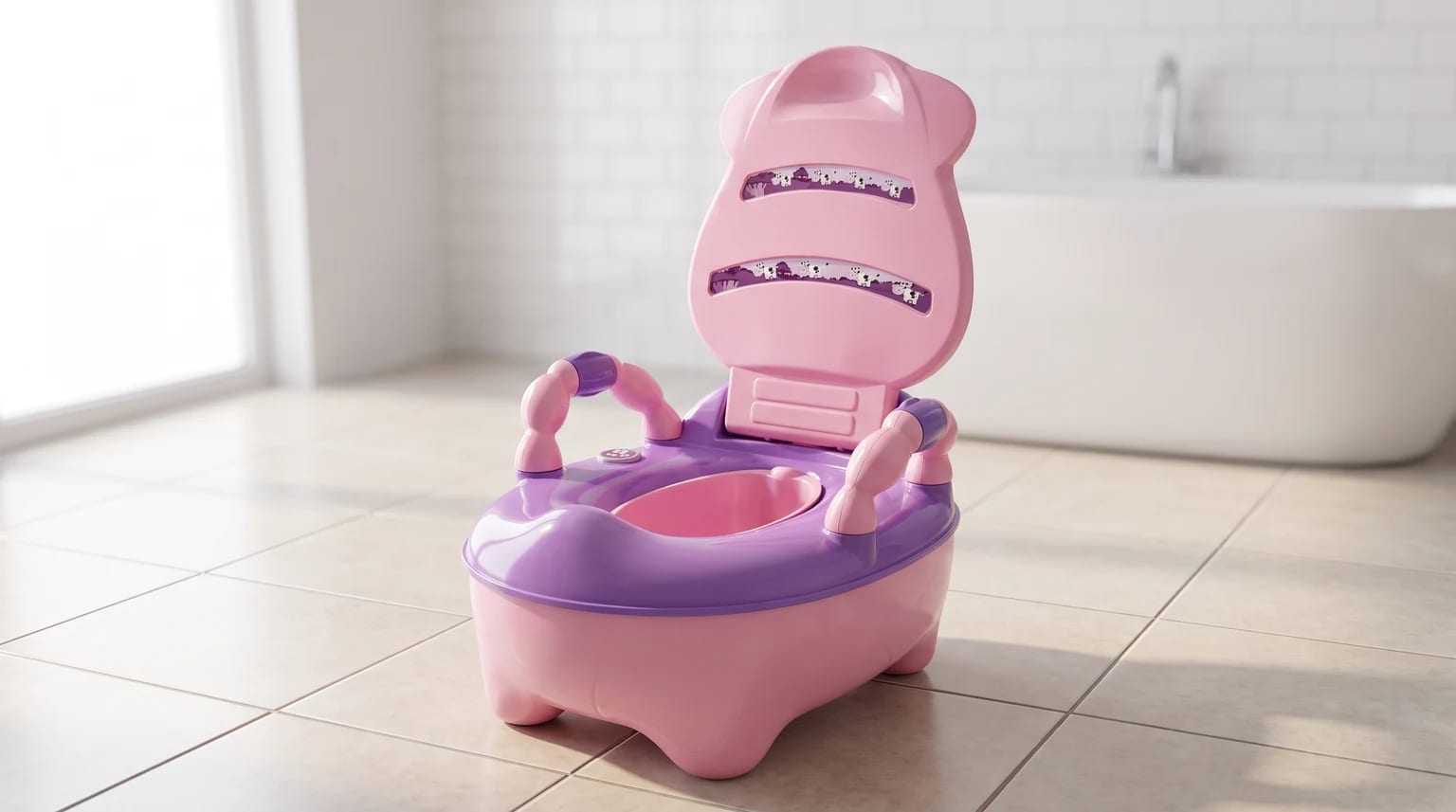 Troninho infantil rosa e roxo, com a tampa aberta e estampas de bichinhos, em um banheiro claro.