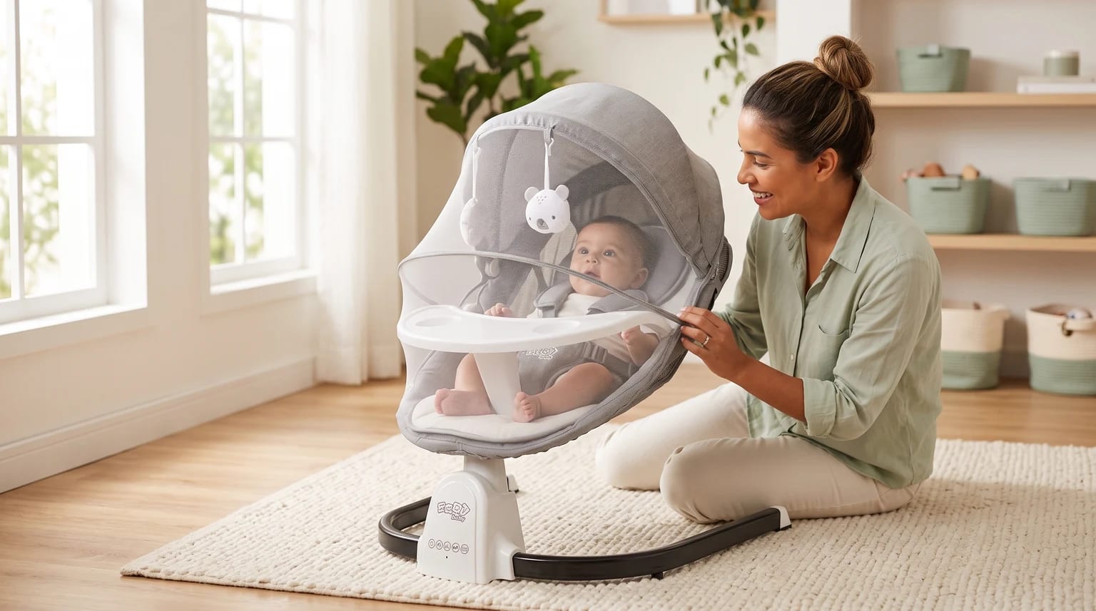 Bebê acordado na cadeira de balanço automática Maxi Baby Snug, sob o mosquiteiro, com o cinto ajustado e a mãe ao lado.
