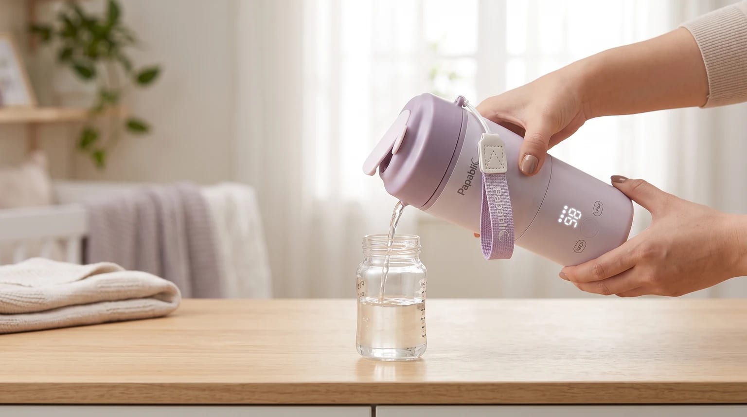 Mãos de uma pessoa despejam líquido de um aquecedor portátil Papablic lilás em uma mamadeira sobre a bancada.