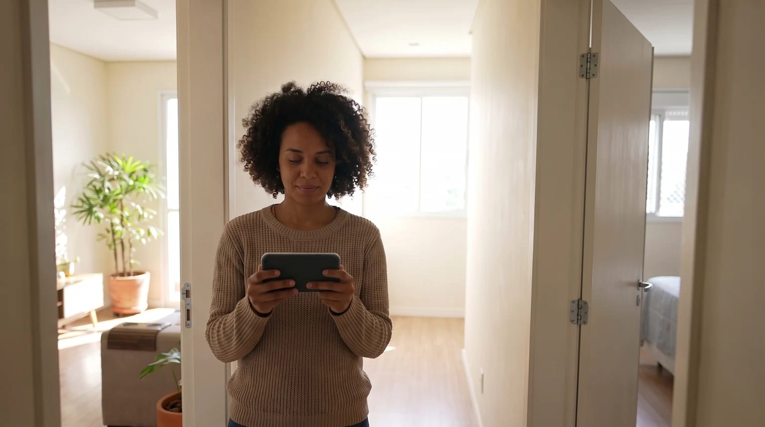 Mulher segura um monitor de babá eletrônica no corredor de um apartamento.