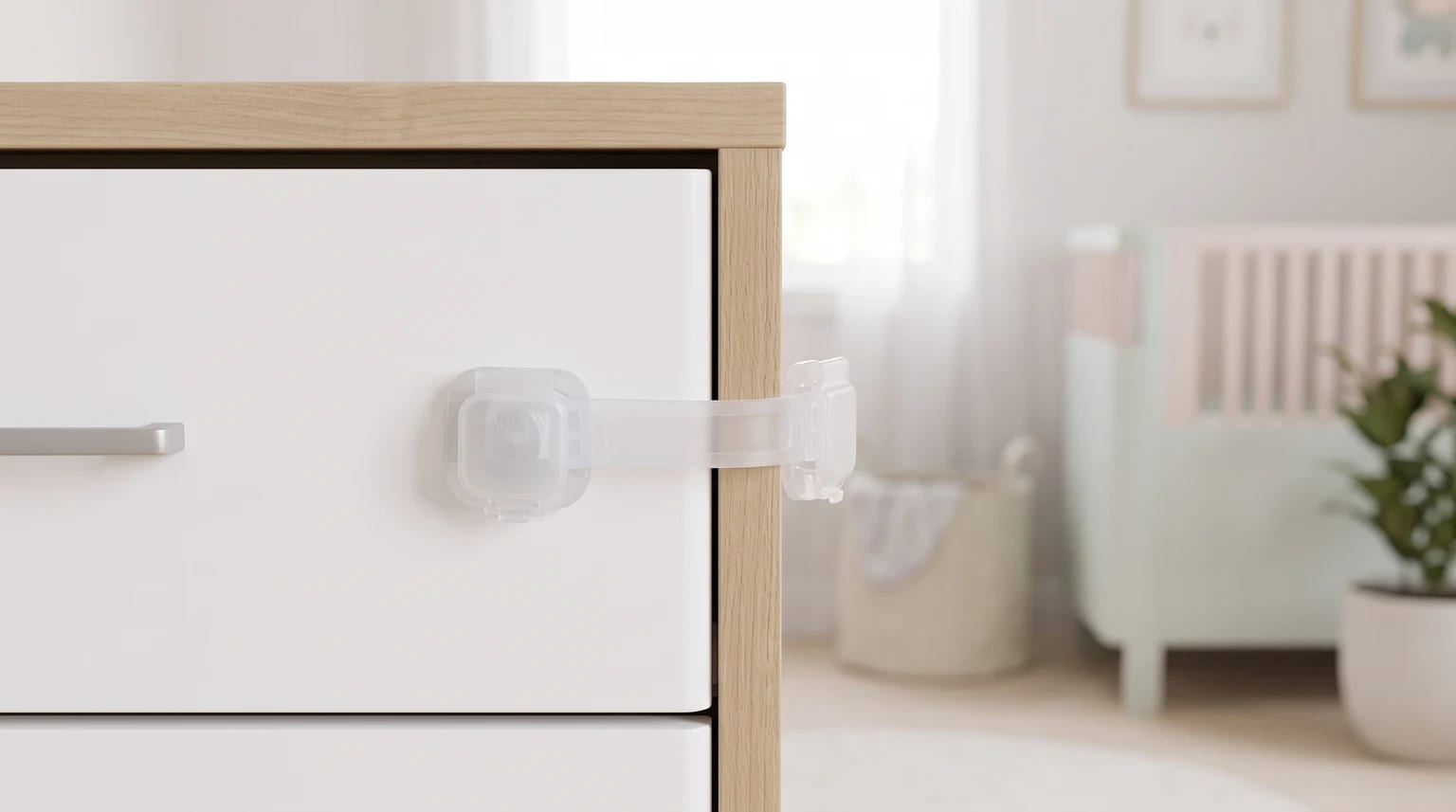 Trava de segurança transparente instalada entre uma gaveta branca e a lateral de madeira de uma cômoda, em um quarto de bebê claro.