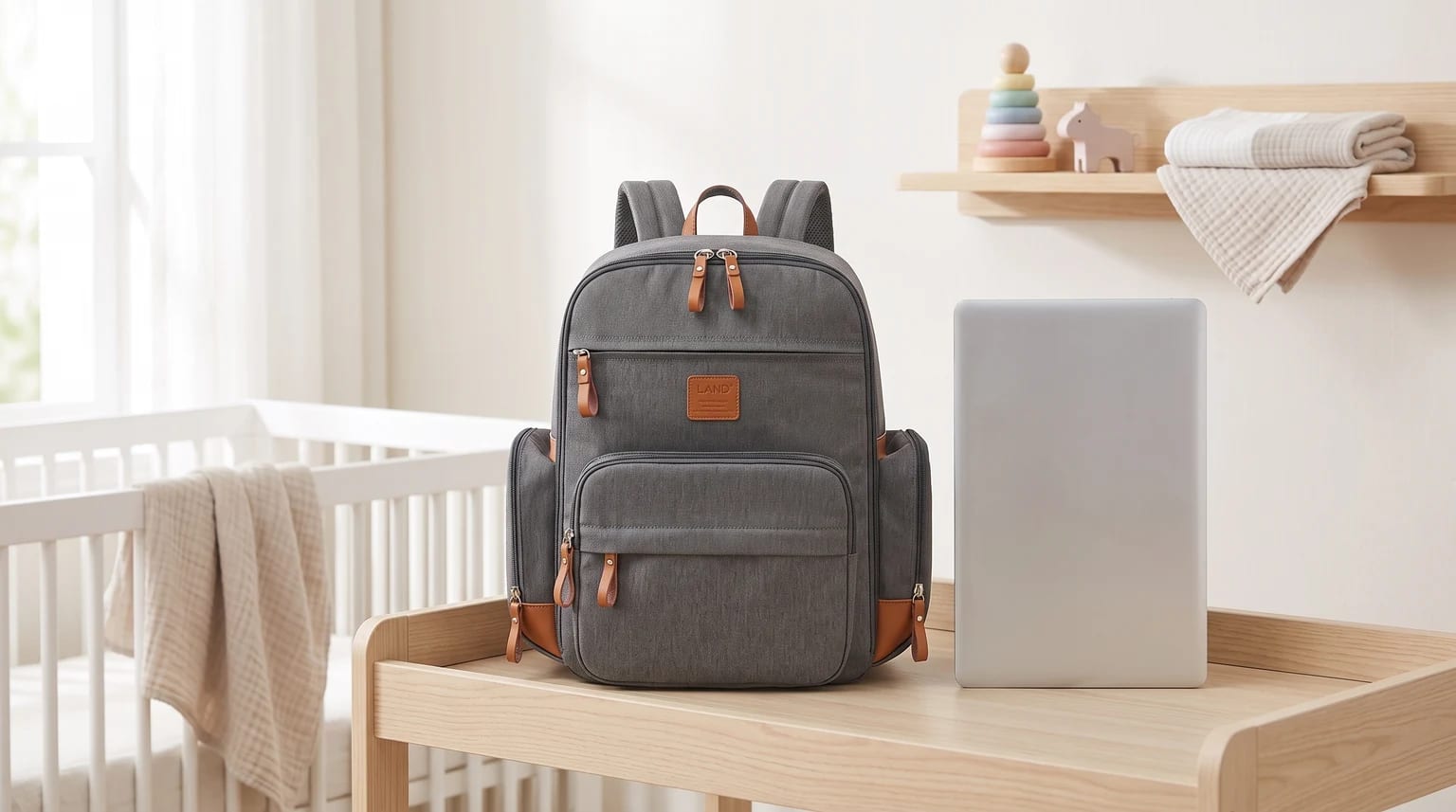 Mochila de maternidade cinza com detalhes caramelo sobre um trocador de madeira, ao lado de um notebook, em um quarto de bebê claro.