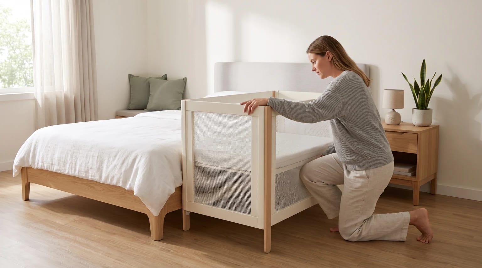 Mulher ajoelhada ao lado de um berço vazio, com laterais de tela levantadas, junto a uma cama em um quarto claro.