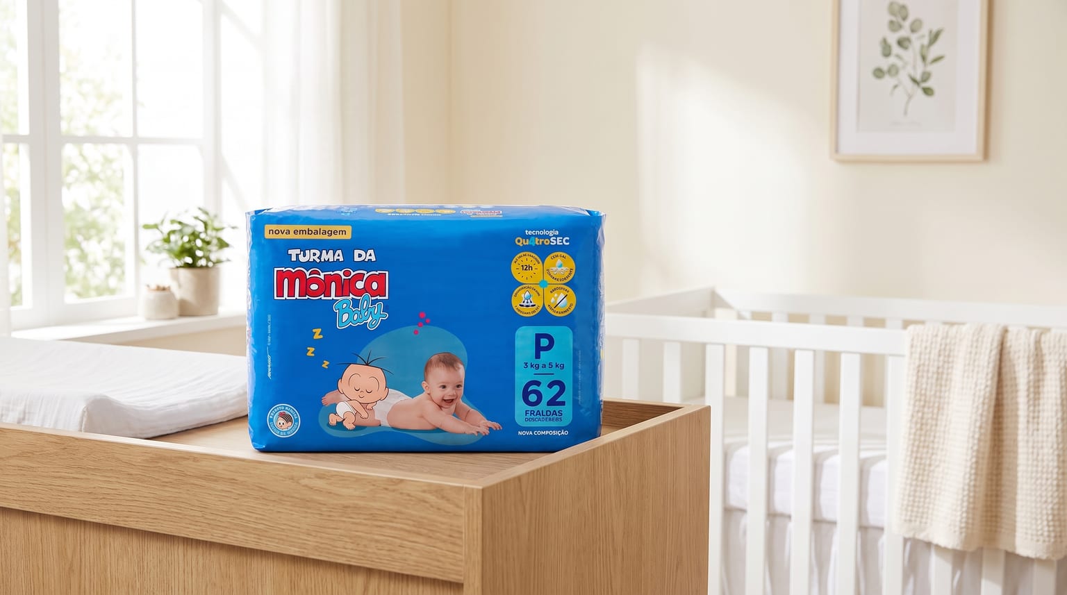 Pacote de fraldas Turma da Mônica Baby sobre um trocador de madeira em um quarto de bebê, com um berço branco ao fundo.