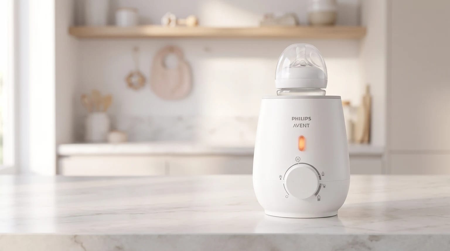 Aquecedor de mamadeira elétrico Philips Avent branco em uma bancada de mármore, com uma mamadeira dentro e a luz de aquecimento acesa.