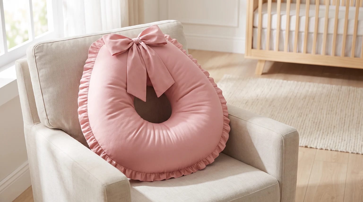 Almofada de amamentação rosa com laço e babados sobre uma poltrona clara, em um quarto de bebê com berço de madeira ao fundo.