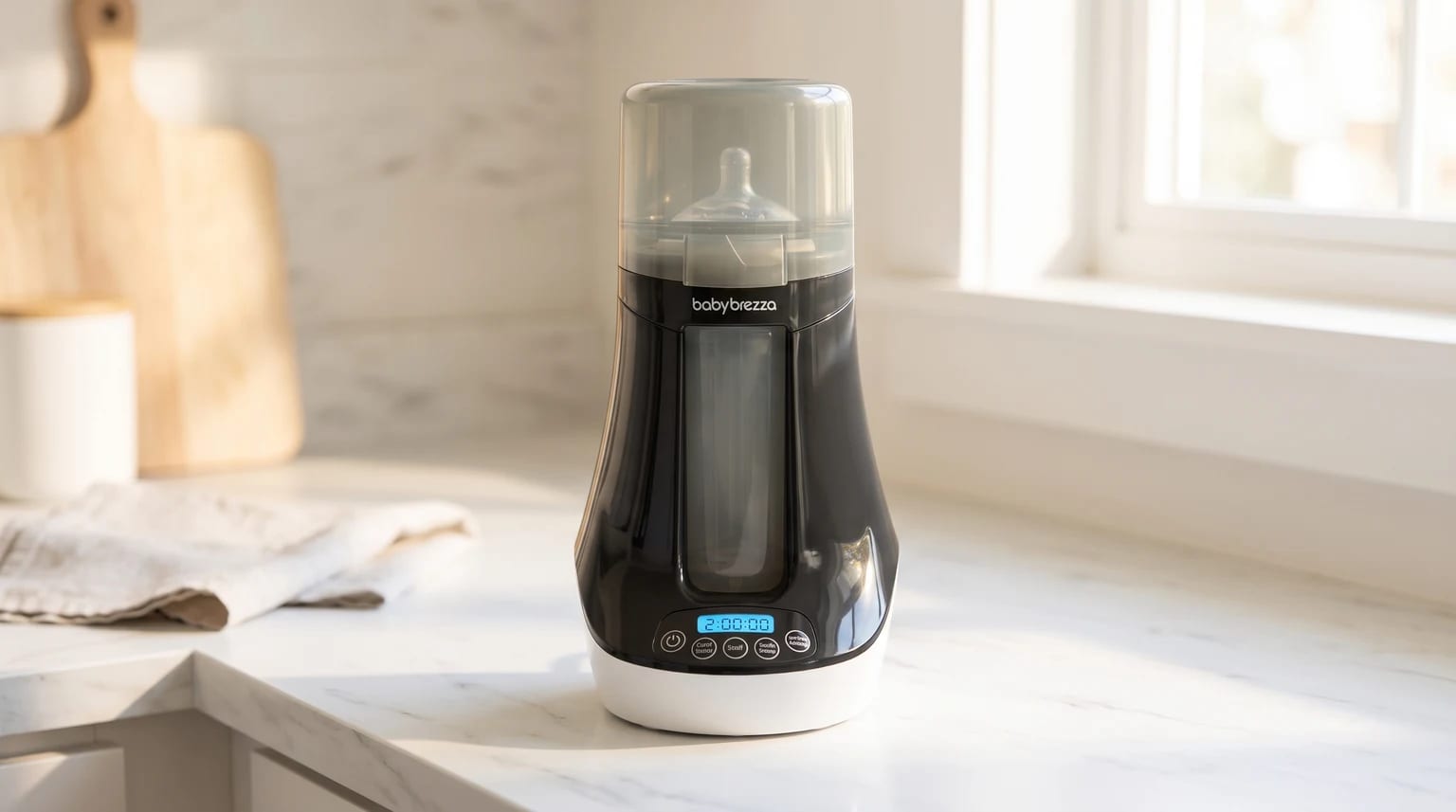 Aquecedor de mamadeira Baby Brezza preto sobre uma bancada de cozinha, com uma mamadeira dentro e o visor digital aceso.