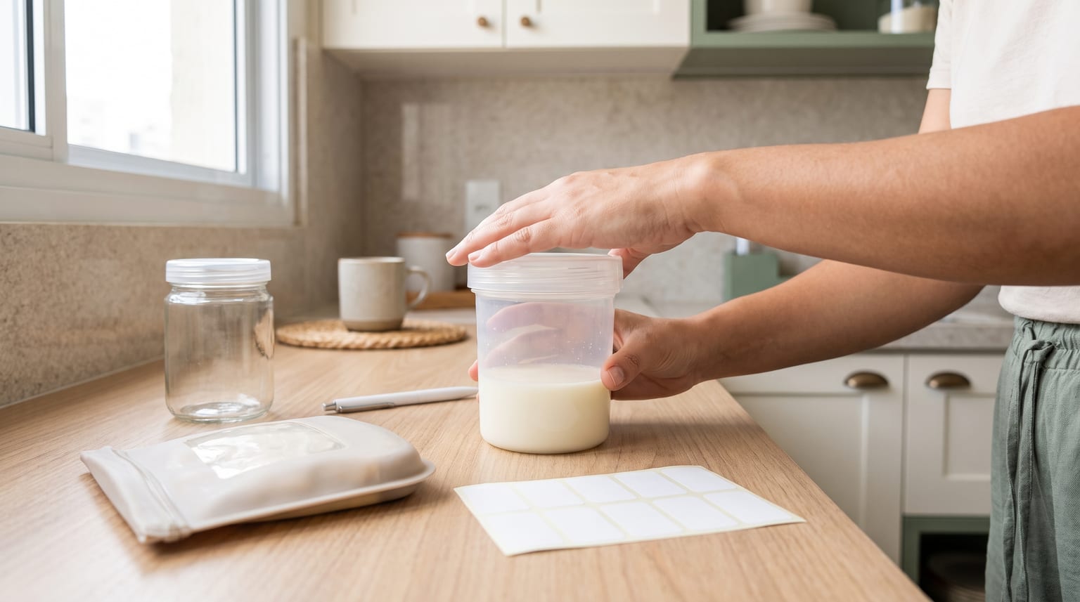 Mãos fechando um recipiente sem marca com leite materno, ao lado de outro pote e um saco próprio para armazenamento.