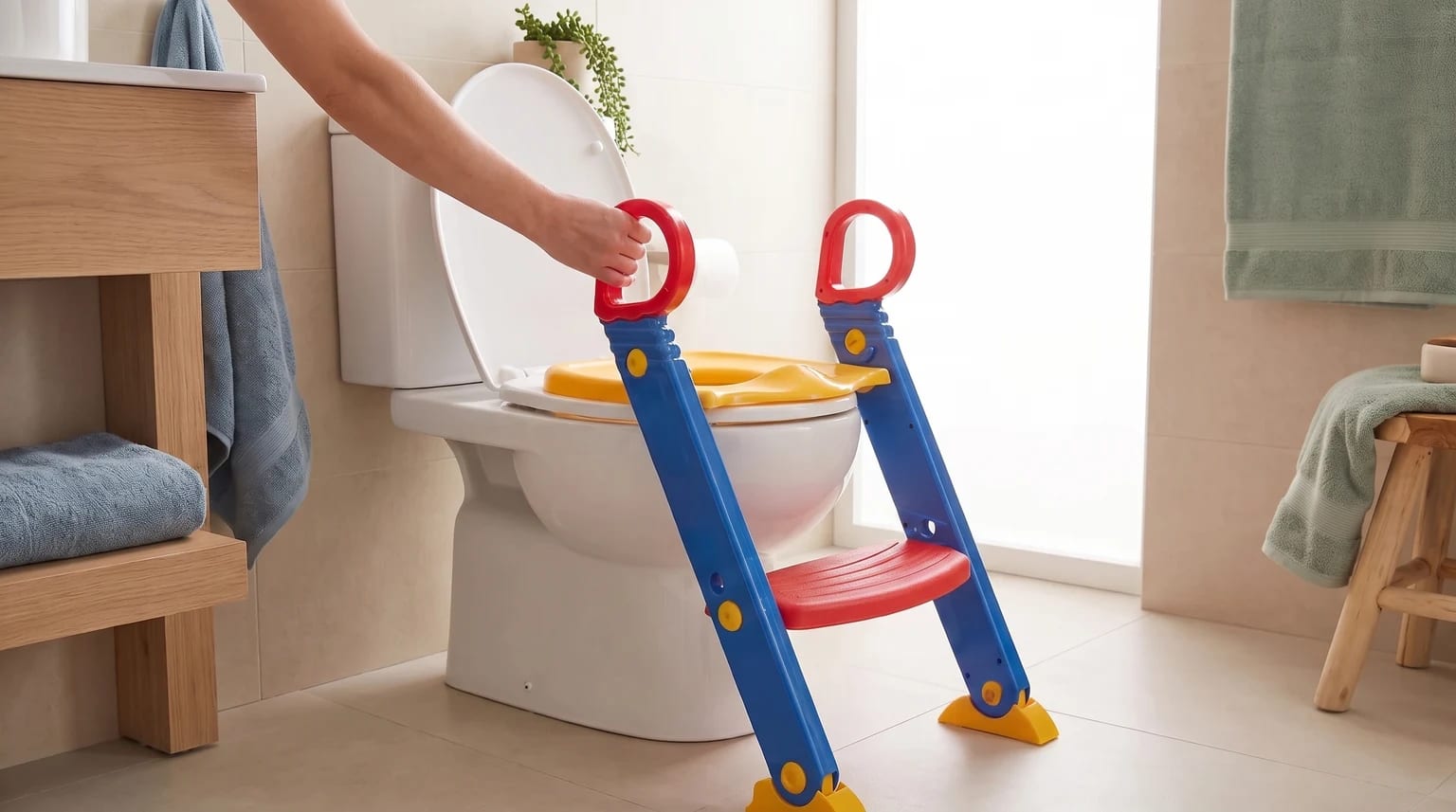 Uma pessoa posiciona um redutor de assento infantil com escada, nas cores azul, vermelho e amarelo, em um vaso sanitário.