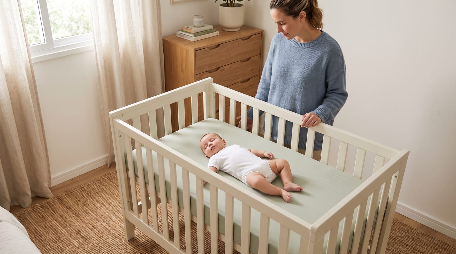 Bebê deitado de barriga para cima em um berço branco completo e sem travesseiro, observado por uma cuidadora.