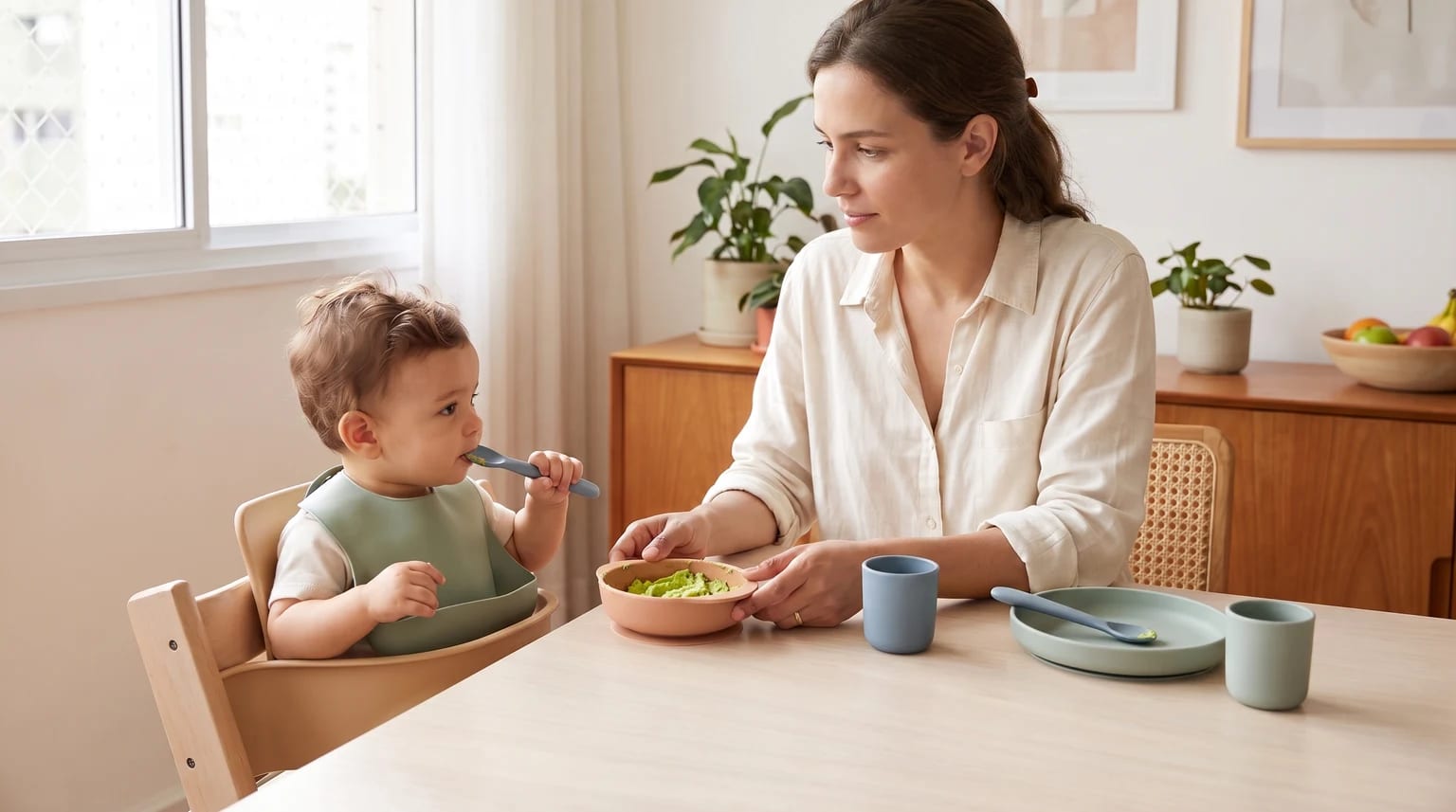 Um bebê com babador verde leva uma colher à boca enquanto uma mulher sentada à mesa acompanha a refeição.
