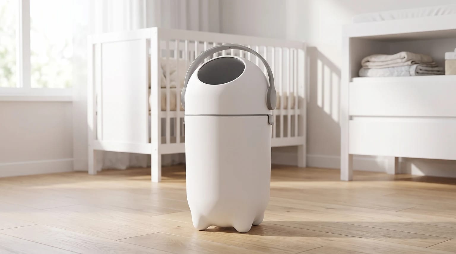 Lixeira Buba branca e cinza no chão de um quarto de bebê, com um berço e uma cômoda brancos ao fundo.