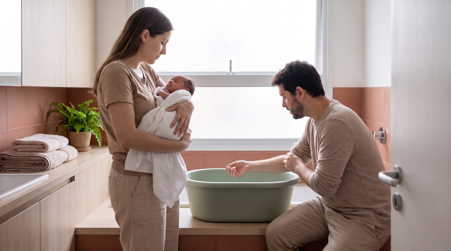 Uma mãe de cabelos longos segura um bebê enrolado e fora da banheira enquanto outro cuidador confere a água com o antebraço.